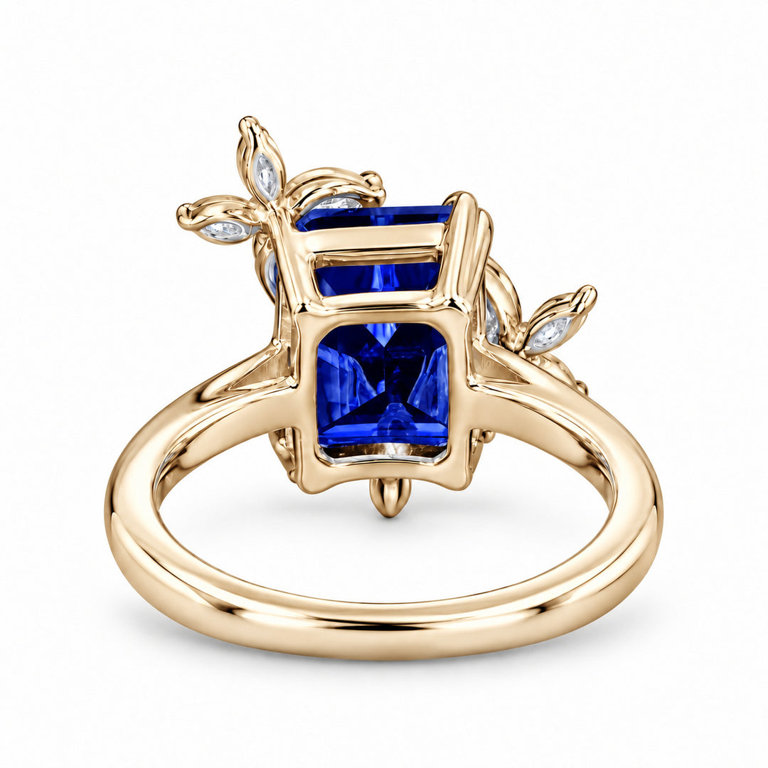 The Jardin — Emerald-Cut Sapphire Floral Ring in 14K yellow gold, back view