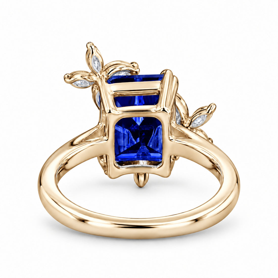 The Jardin — Emerald-Cut Sapphire Floral Ring in 14K yellow gold, back view