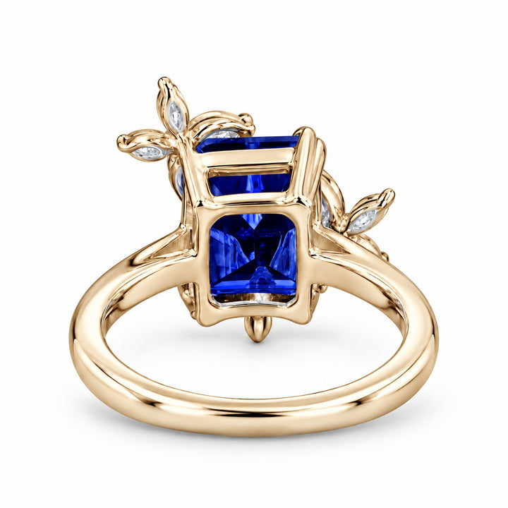 The Jardin — Emerald-Cut Sapphire Floral Ring in 14K yellow gold, back view