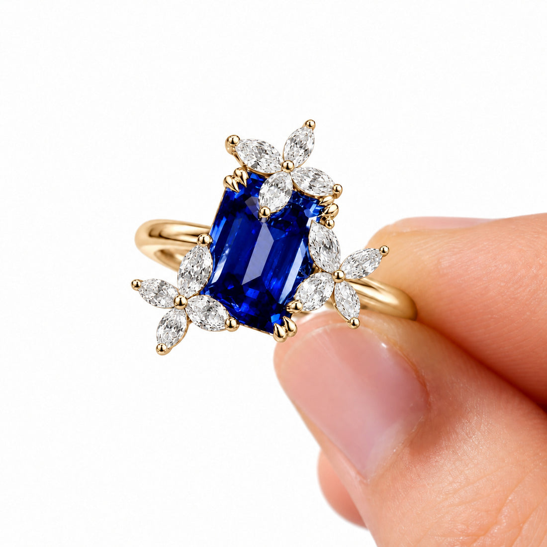 The Jardin — Emerald-Cut Sapphire Floral Ring in 14K yellow gold, detail view