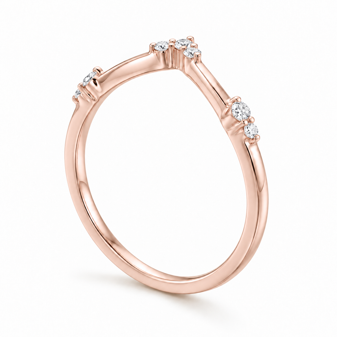 The Diadem diamond V contour wedding band in 14K rose gold, three-quarter view