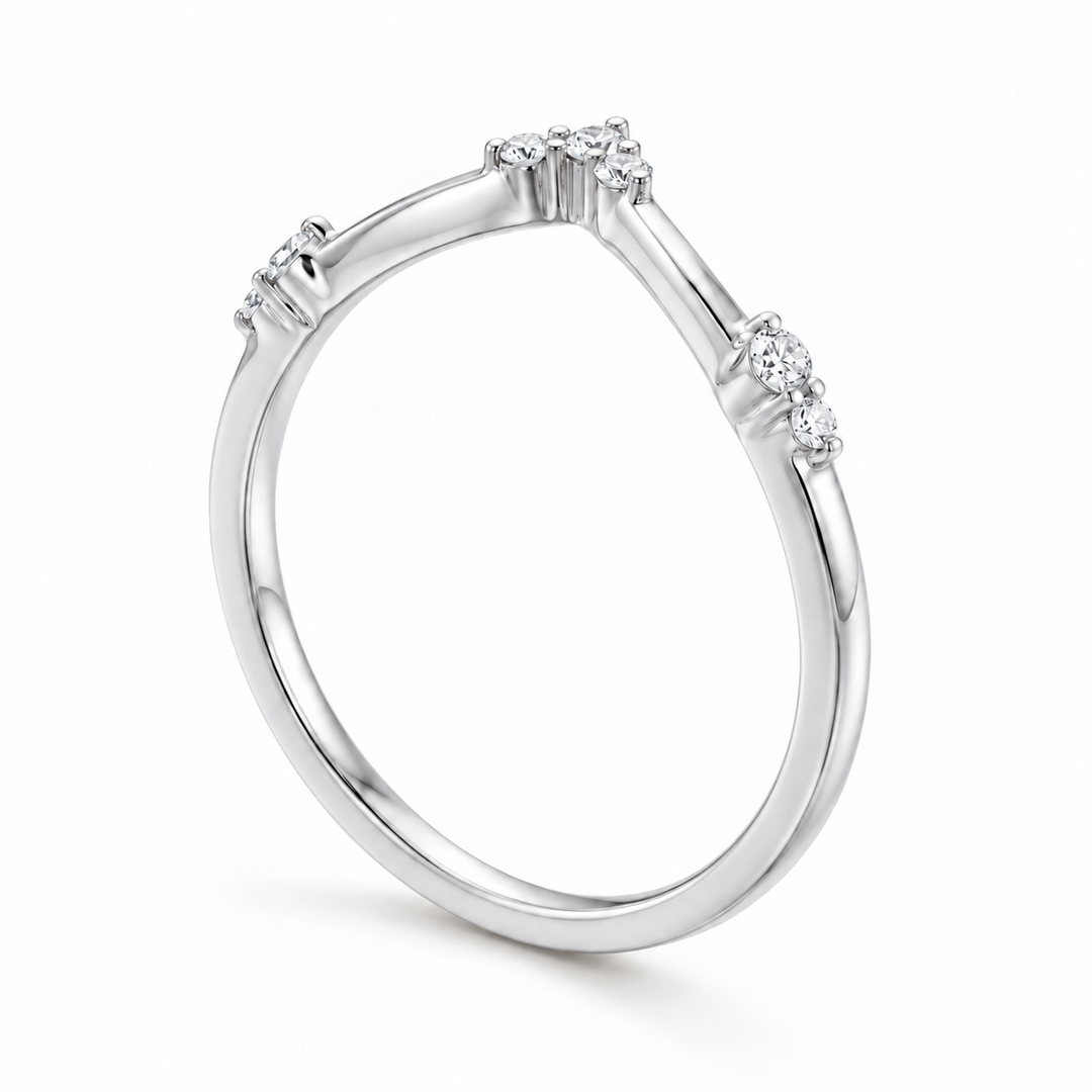 The Diadem diamond V contour wedding band in 14K white gold, three-quarter view