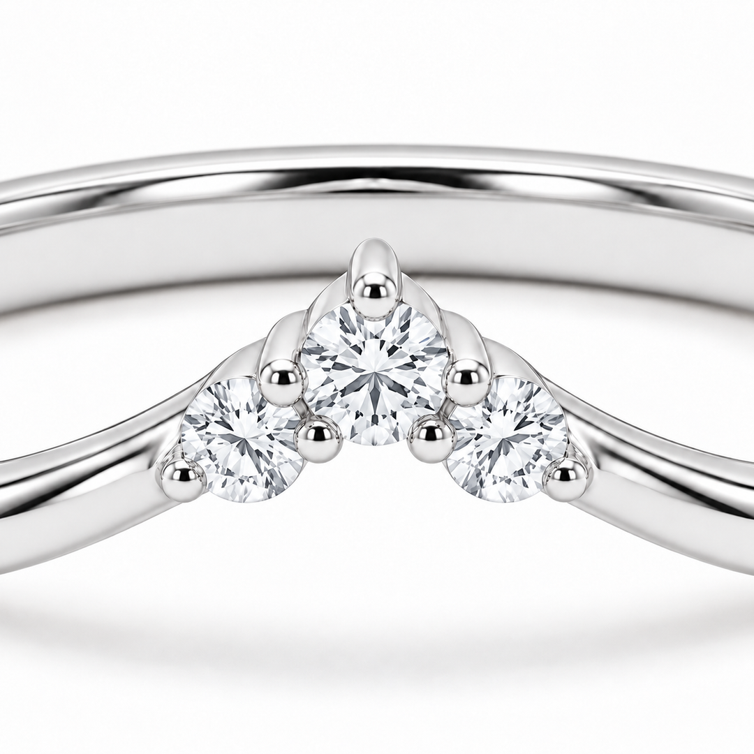 The Diadem diamond V contour wedding band in 14K white gold, close-up detail