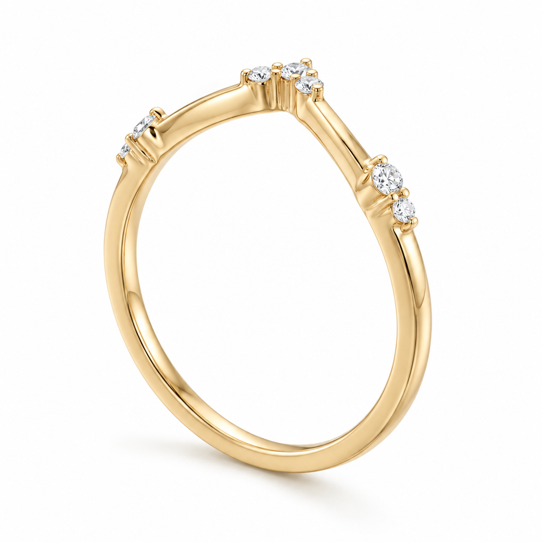 The Diadem diamond V contour wedding band in 14K yellow gold, three-quarter view