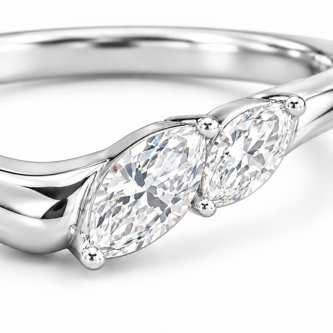The Sprig marquise diamond contour wedding band in 14K white gold, close-up detail