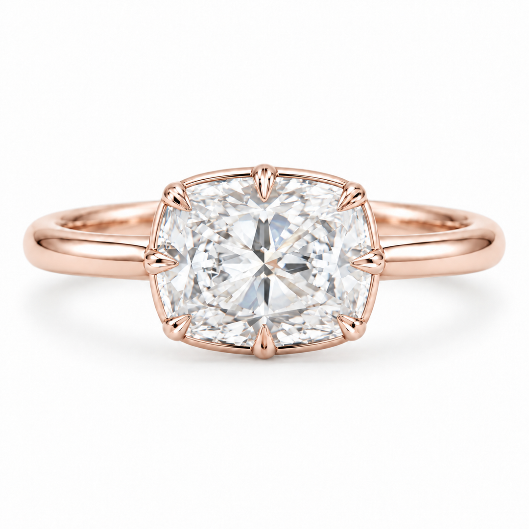 The Camellia east-west cushion lab diamond ring in 14K rose gold, front view