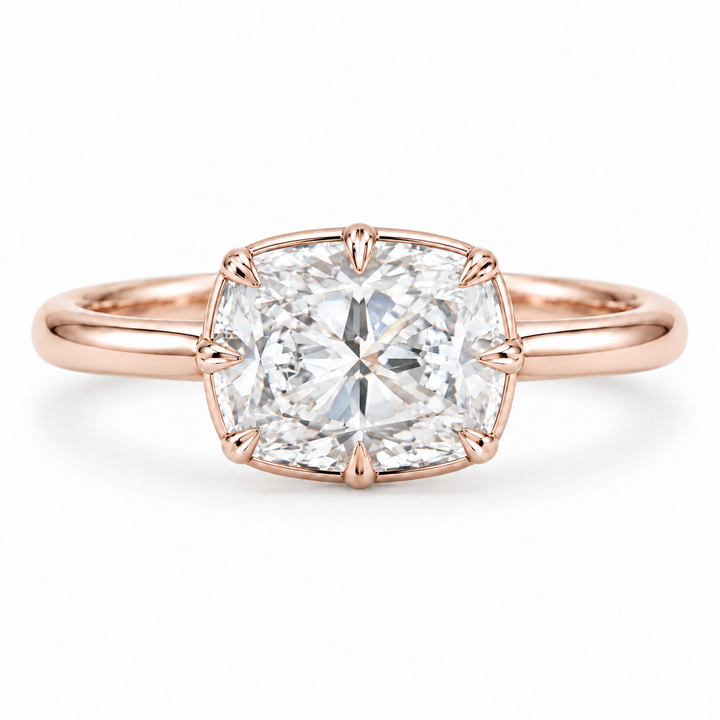 The Camellia east-west cushion lab diamond ring in 14K rose gold, front view