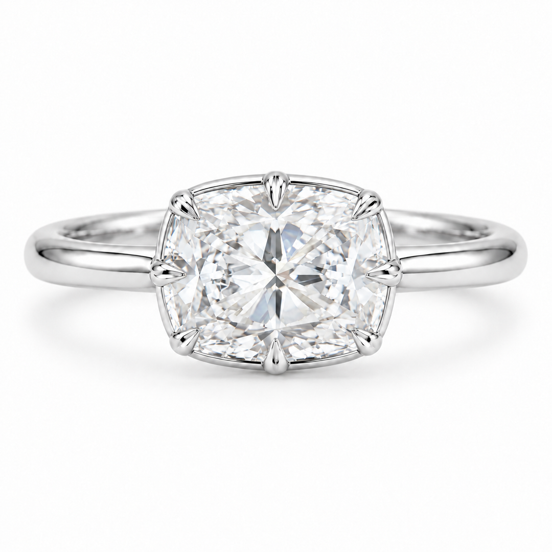 The Camellia east-west cushion lab diamond ring in 14K white gold, front view