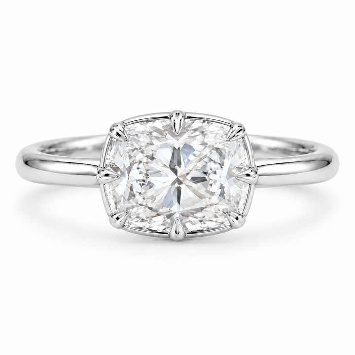 The Camellia east-west cushion lab diamond ring in 14K white gold, front view