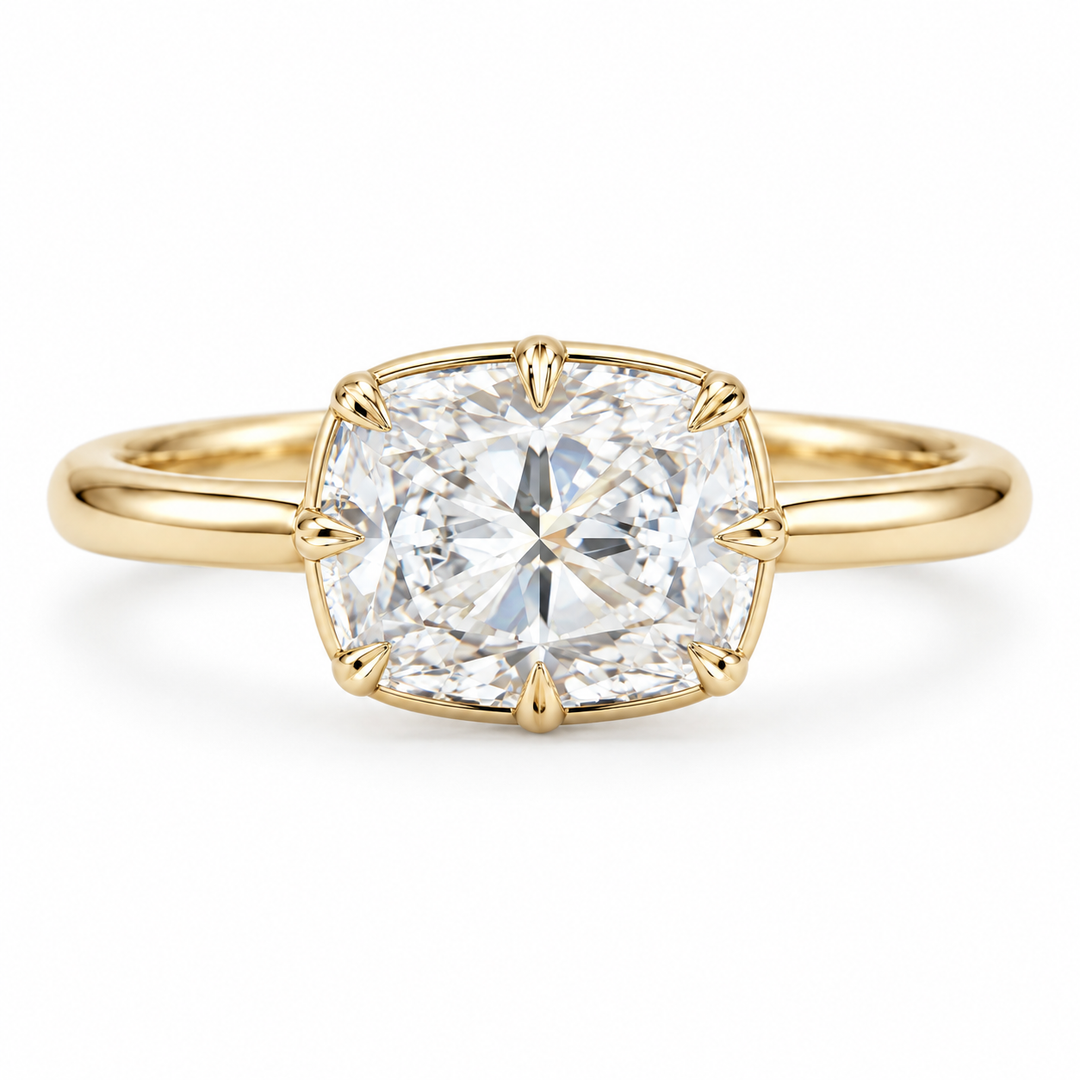 The Camellia east-west cushion lab diamond ring in 14K yellow gold, front view