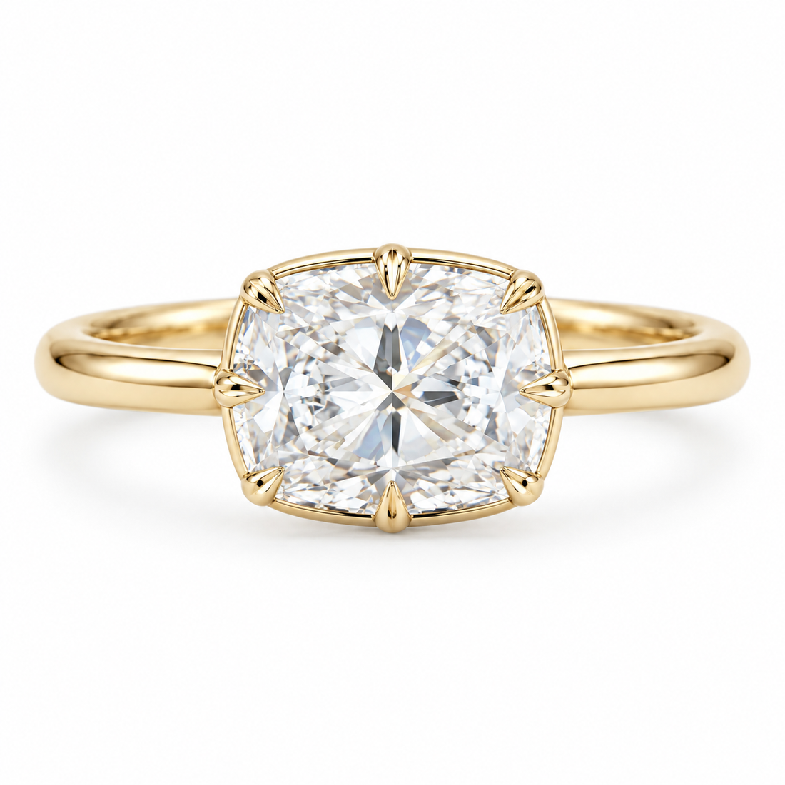 The Camellia east-west cushion lab diamond ring in 14K yellow gold, front view
