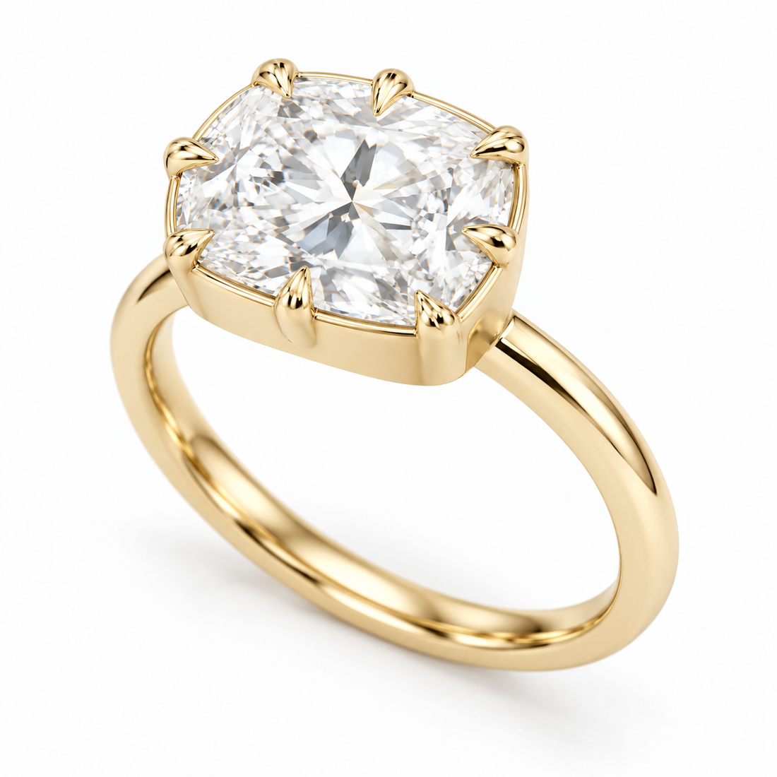 The Camellia east-west cushion lab diamond ring in 14K yellow gold, three-quarter view