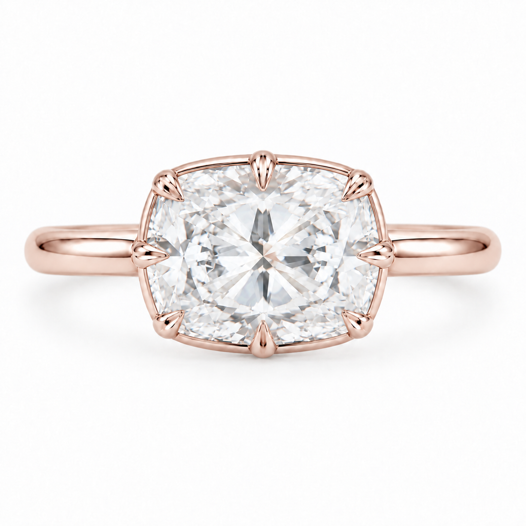 The Camellia east-west cushion lab diamond ring in 14K rose gold, top view