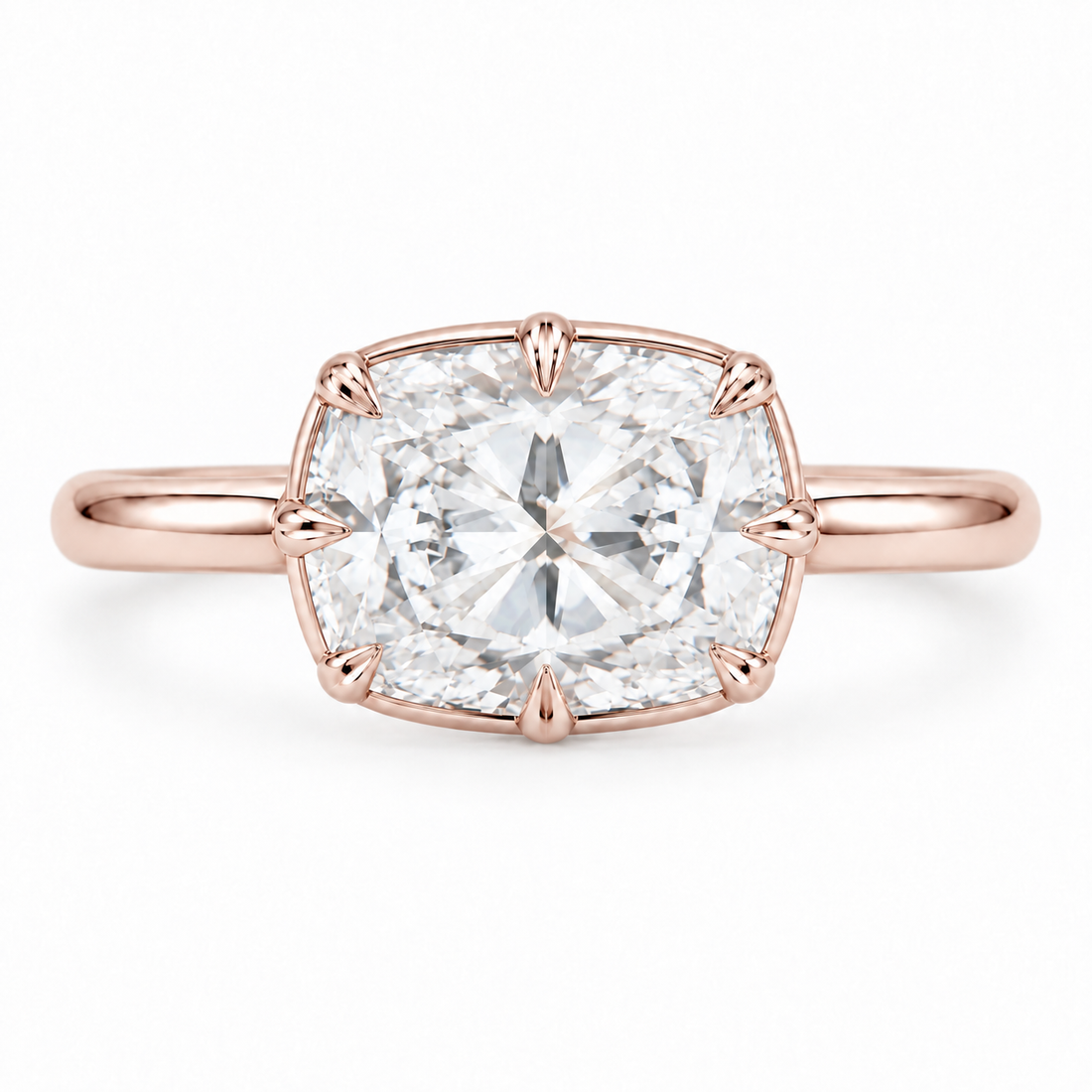 The Camellia east-west cushion lab diamond ring in 14K rose gold, top view