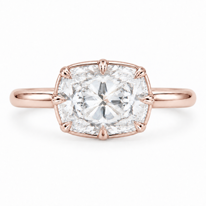 The Camellia east-west cushion lab diamond ring in 14K rose gold, top view