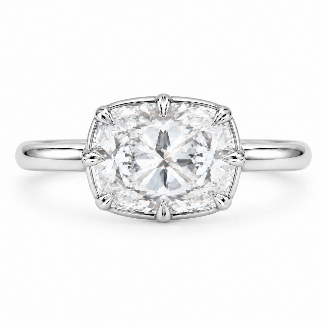 The Camellia east-west cushion lab diamond ring in 14K white gold, top view