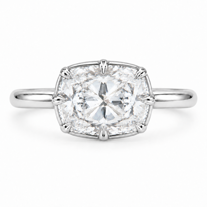 The Camellia east-west cushion lab diamond ring in 14K white gold, top view