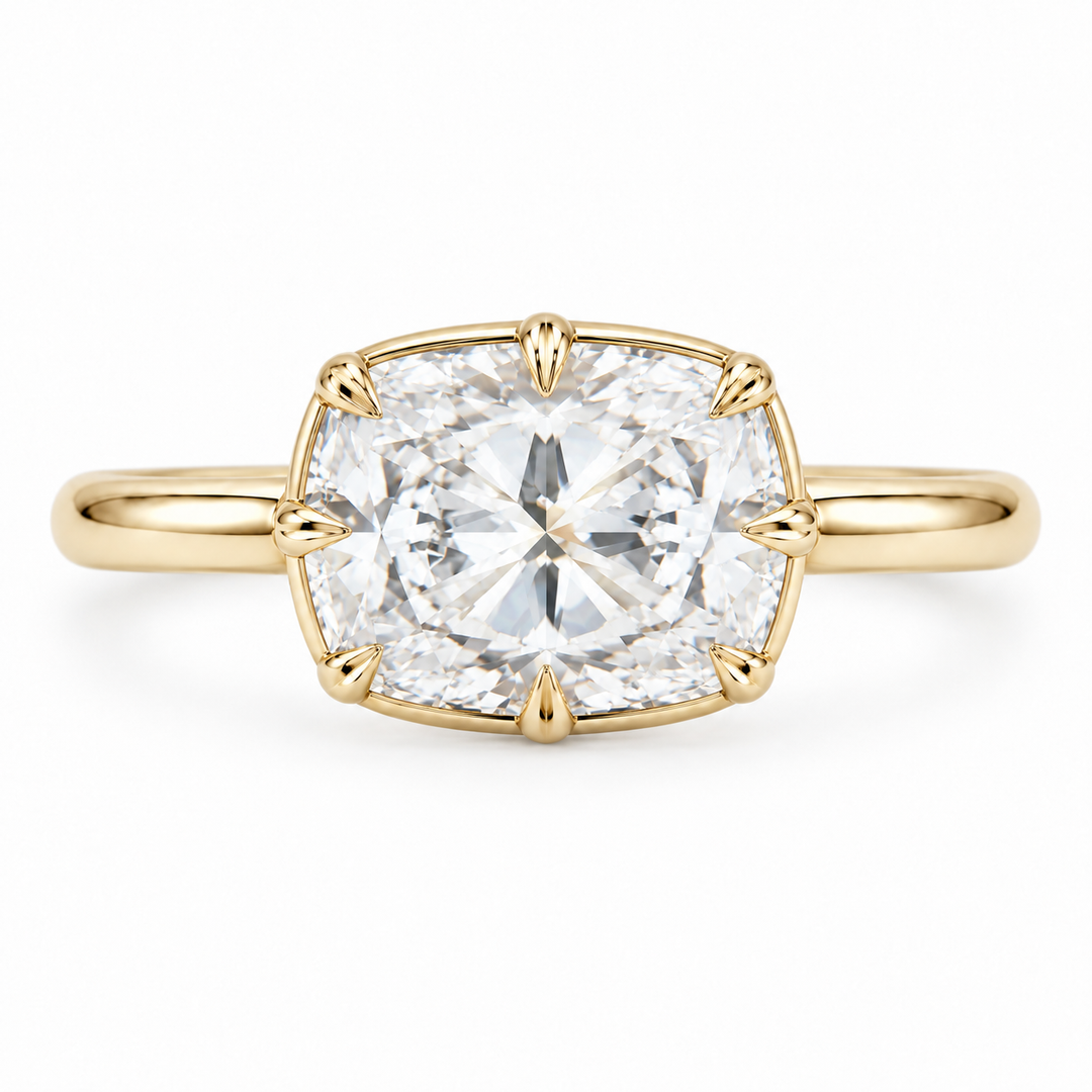 The Camellia east-west cushion lab diamond ring in 14K yellow gold, top view