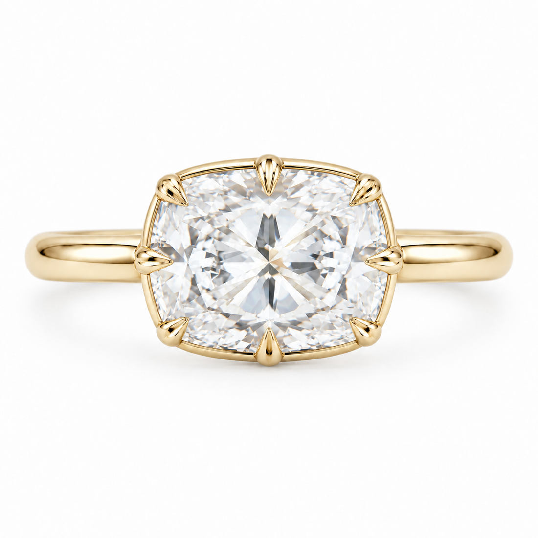 The Camellia east-west cushion lab diamond ring in 14K yellow gold, top view