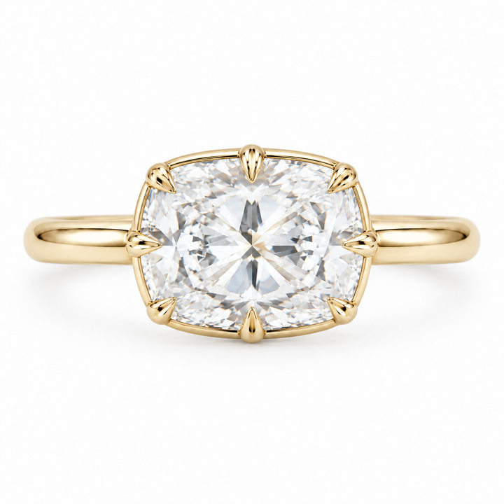 The Camellia east-west cushion lab diamond ring in 14K yellow gold, top view