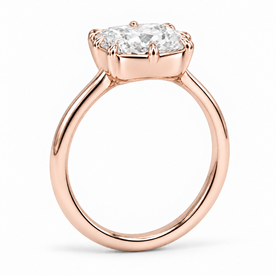 The Camellia east-west cushion lab diamond ring in 14K rose gold, reverse angle