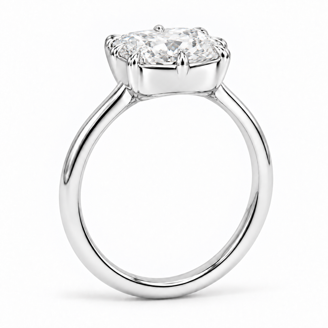 The Camellia east-west cushion lab diamond ring in 14K white gold, reverse angle