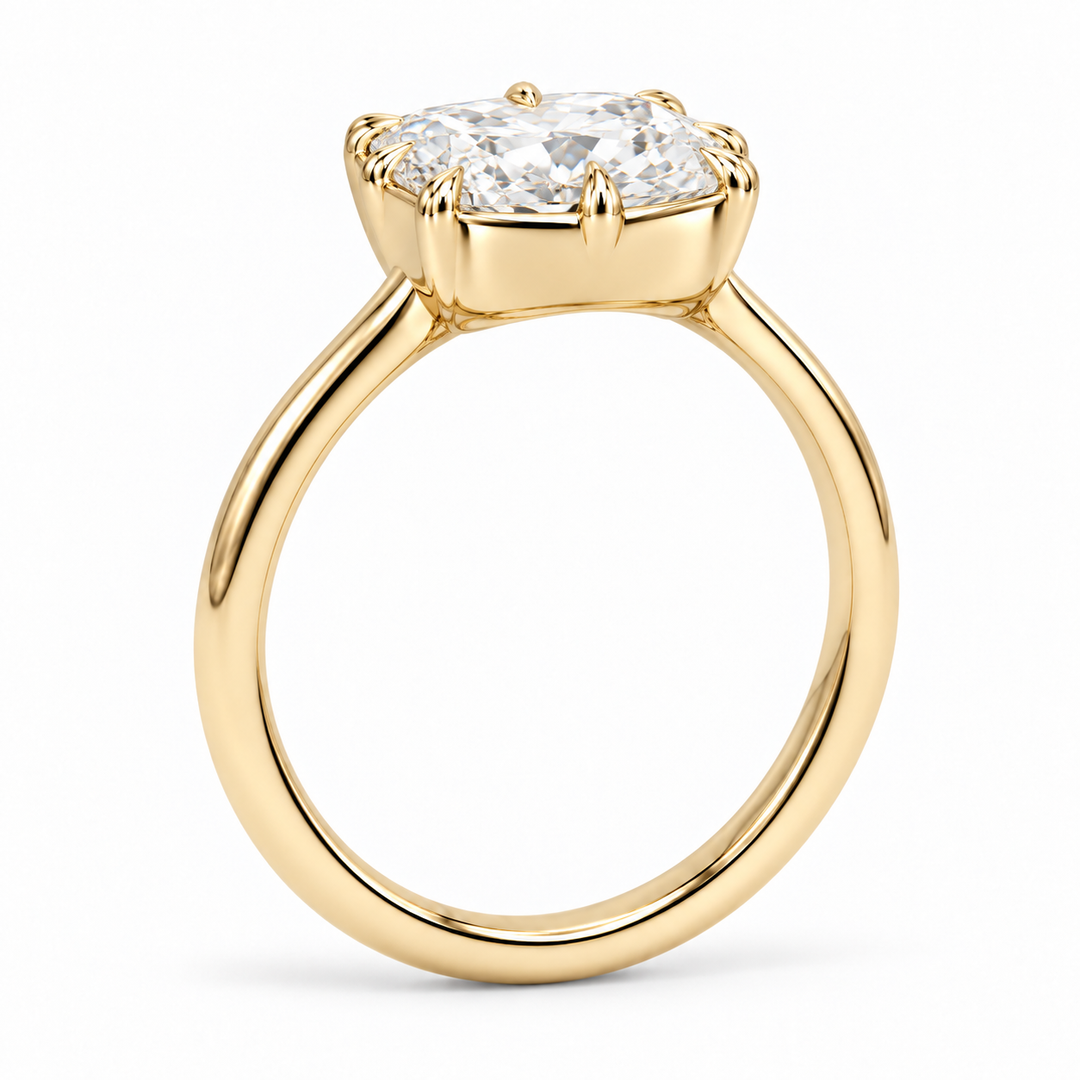 The Camellia east-west cushion lab diamond ring in 14K yellow gold, reverse angle