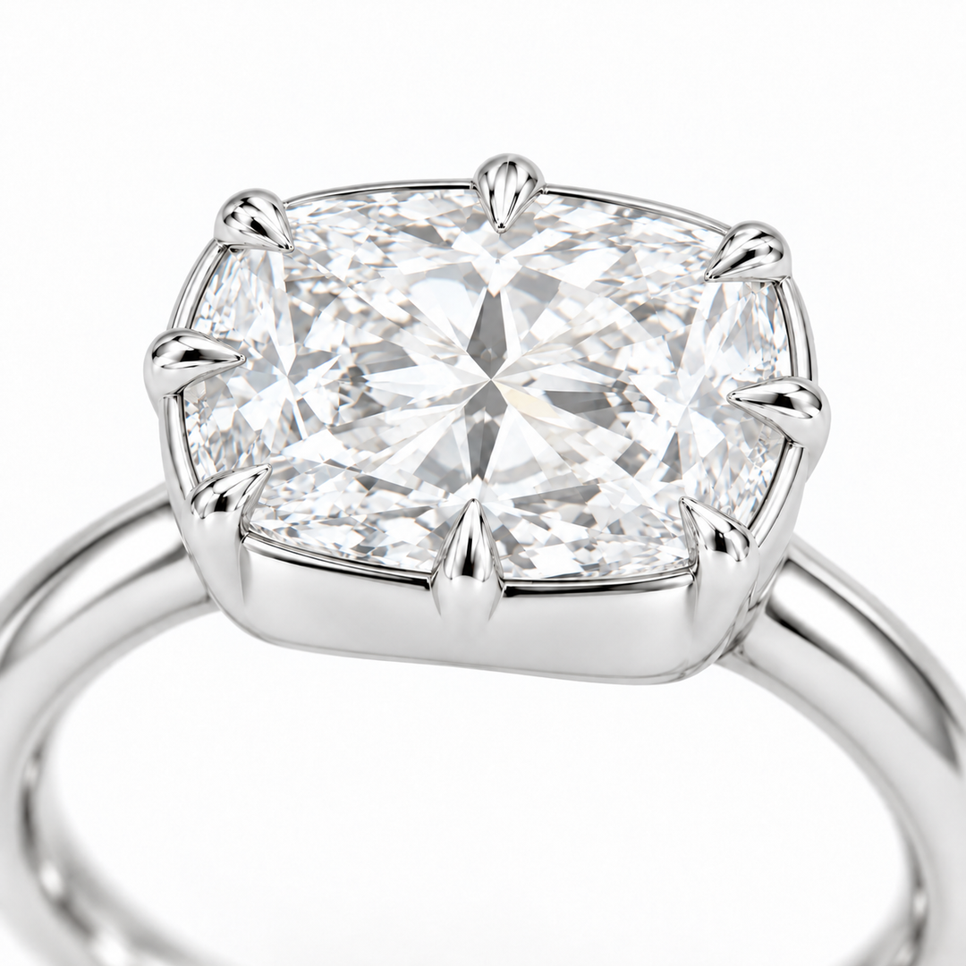 The Camellia east-west cushion lab diamond ring in 14K white gold, claw detail