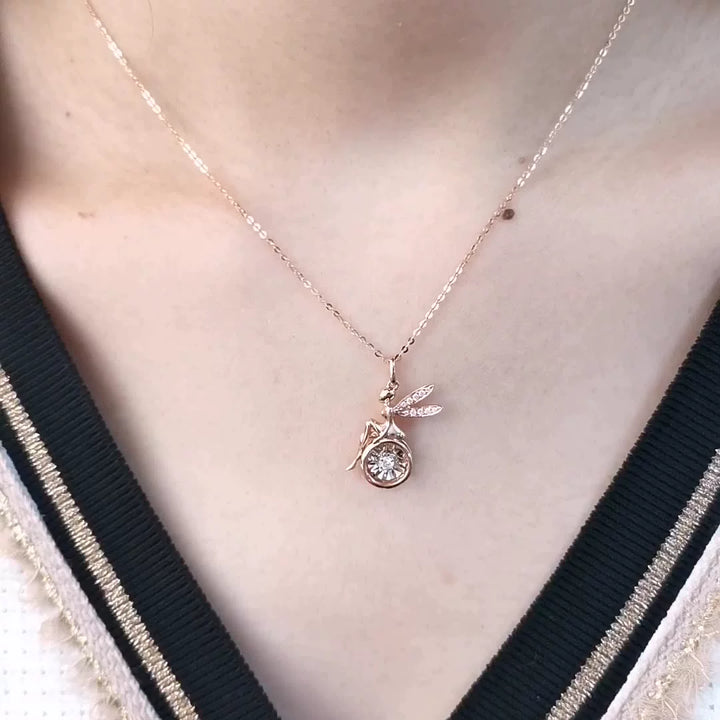 Fairy Pendant Necklace with 0.05ct Dancing Diamond in 18K Solid Yellow Gold