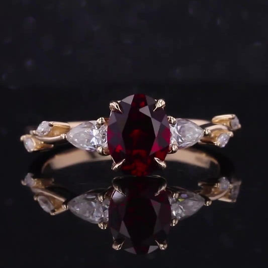 7*9mm Oval Cut Red Ruby Ring with Pear and Marquise Diamond in 14K Solid Yellow Gold