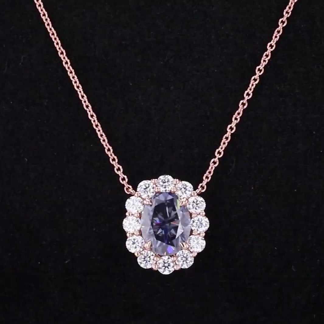 7*9mm Oval Cut Blue Moissanite Floral Setting Moissanite Pendant Necklace in 10K Rose Gold
