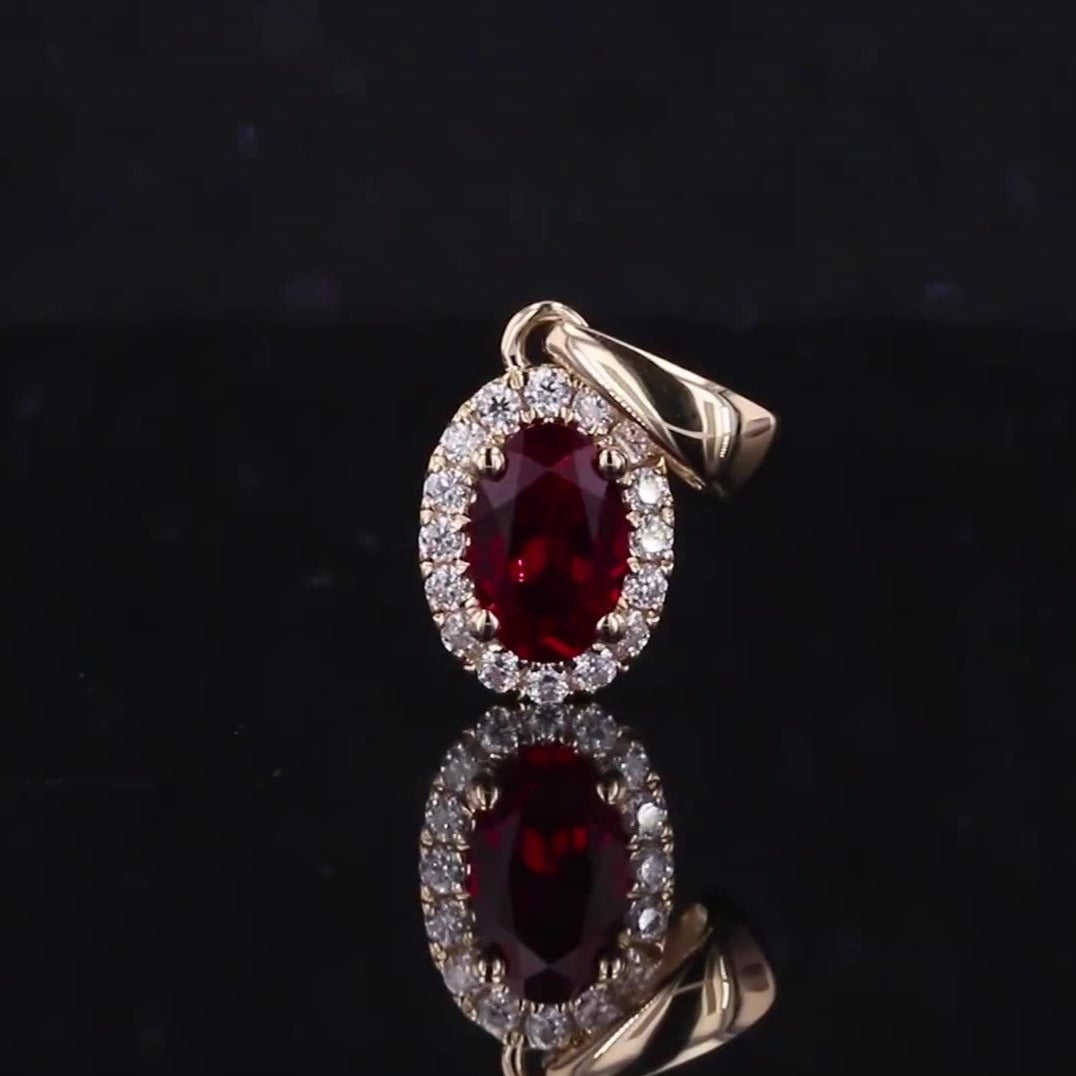 Oval Cut Ruby Moissanite Pendant in 14K Solid Yellow Gold