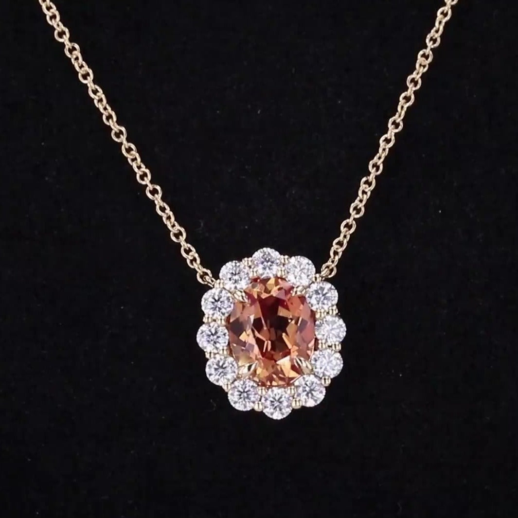 5*7mm Oval Cut Gold Orange Sapphire and Moissanite Pendant with Rolo Necklace in 14K Solid Yellow Gold