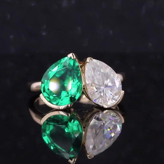 Pear Cut Emerald and Moissanite Toi Et Moi Ring in 14K Yellow Gold
