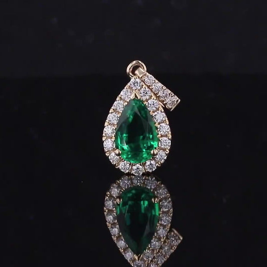 5*7mm Pear Cut Emerald Halo Moissanite Pendant in 14K Solid Yellow Gold