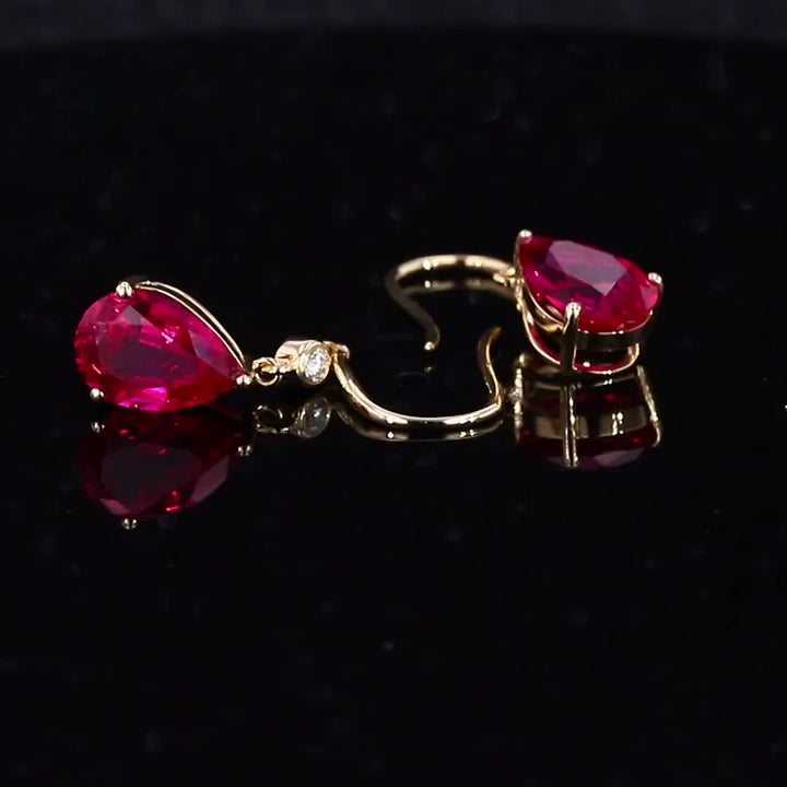 5x7mm, 1ct Each Pear Lab-Grown Ruby with Accent Diamond Dangle Earrings in 14K Yellow Gold