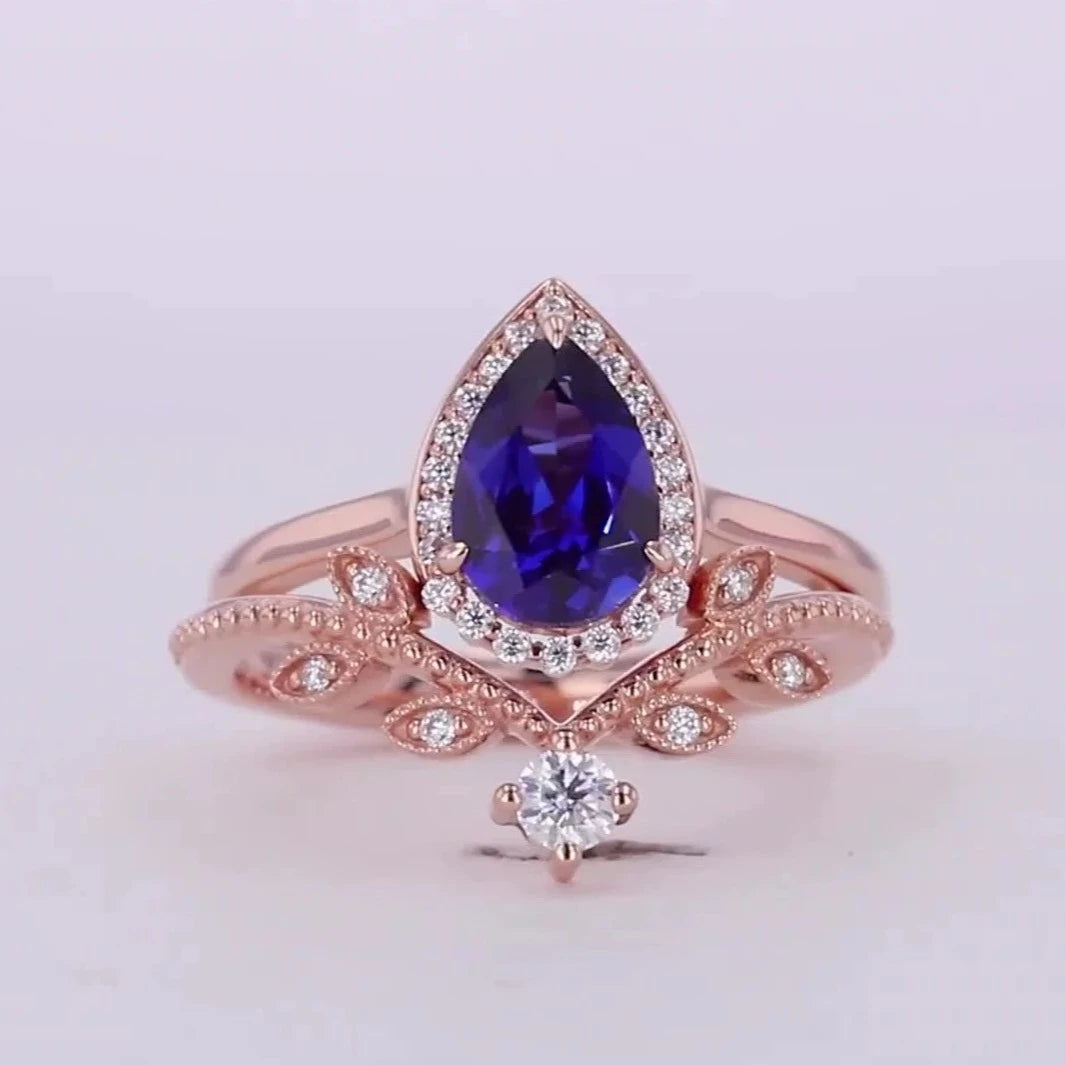 6x9mm, 2.00ct Pear Lab-Grown Blue Sapphire with Diamond Halo Ring with Stacking Ring in 18K Rose Gold