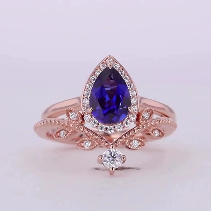 6x9mm, 2.00ct Pear Lab-Grown Blue Sapphire with Diamond Halo Ring with Stacking Ring in 18K Rose Gold