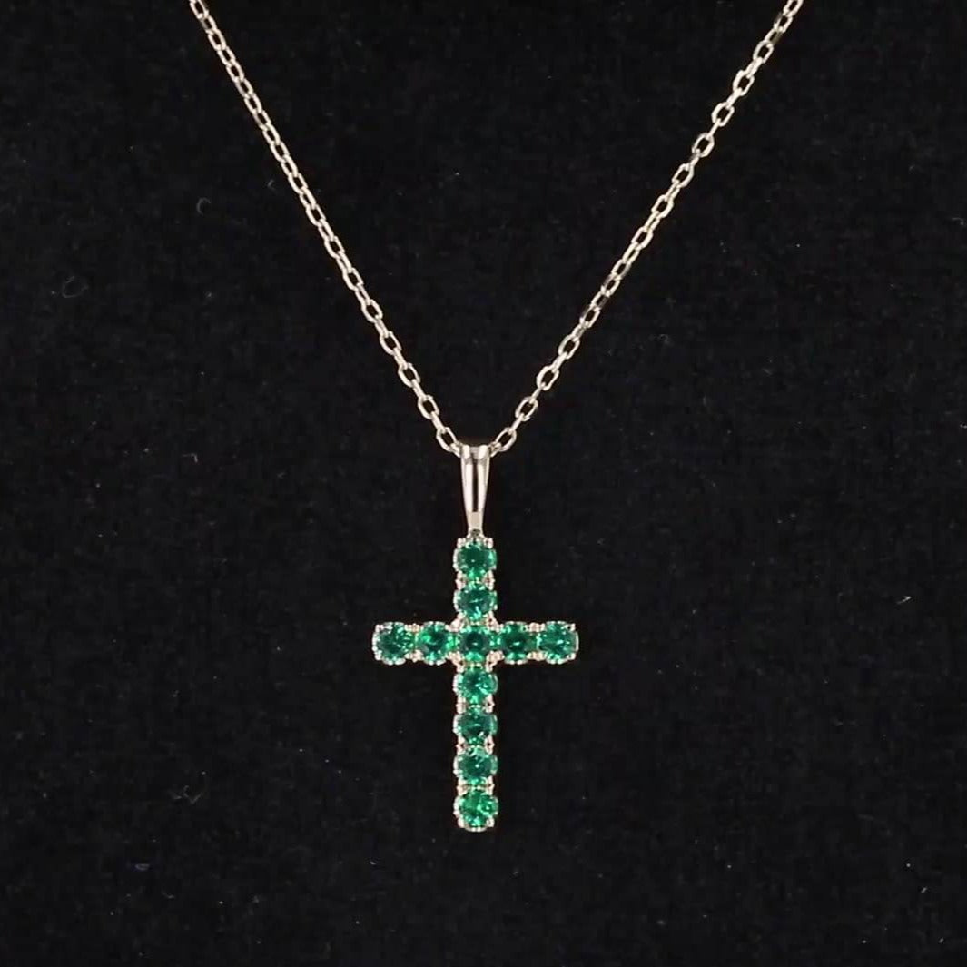 2mm Round Cut Columbian Emerald Cross Pendant Necklace in 14K Solid Yellow Gold