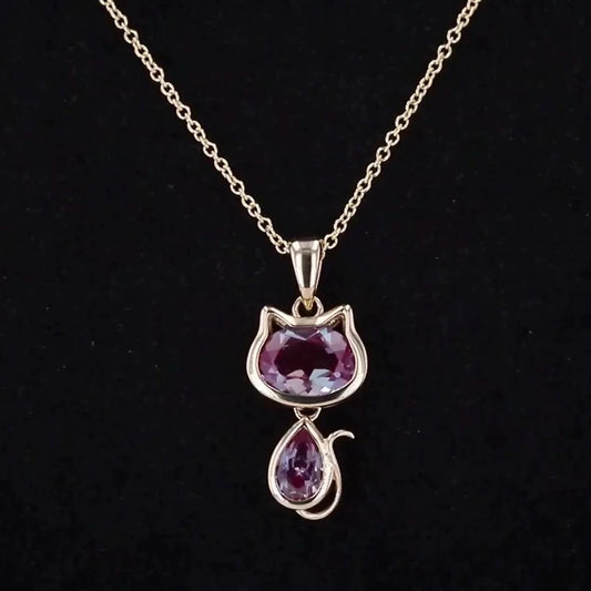 Oval and Pear Alexandrite Cat Pendant/Necklace in 10K Solid Yellow Gold