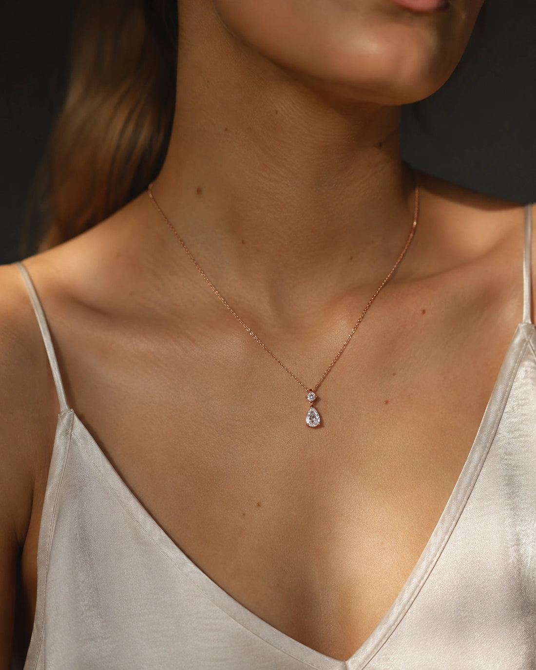 Lumière Drop Pear Lab Diamond Pendant worn on model