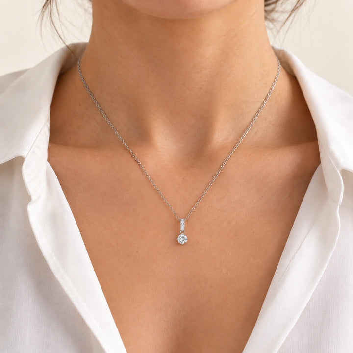 Pavé Bail Round Lab Diamond Pendant 0.40ctw worn on model, styling visualization