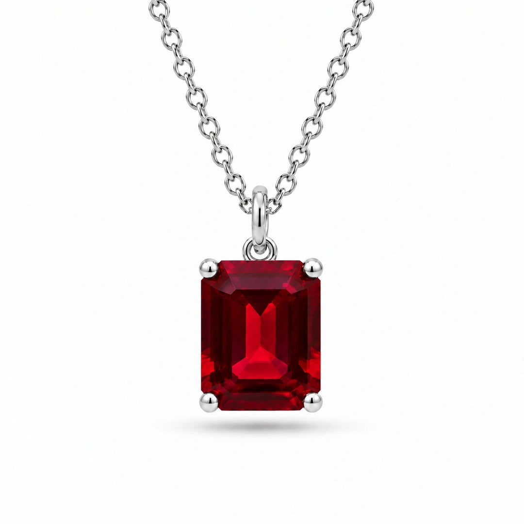 Emerald-Cut Lab Ruby Pendant in 14K White Gold, product visualization