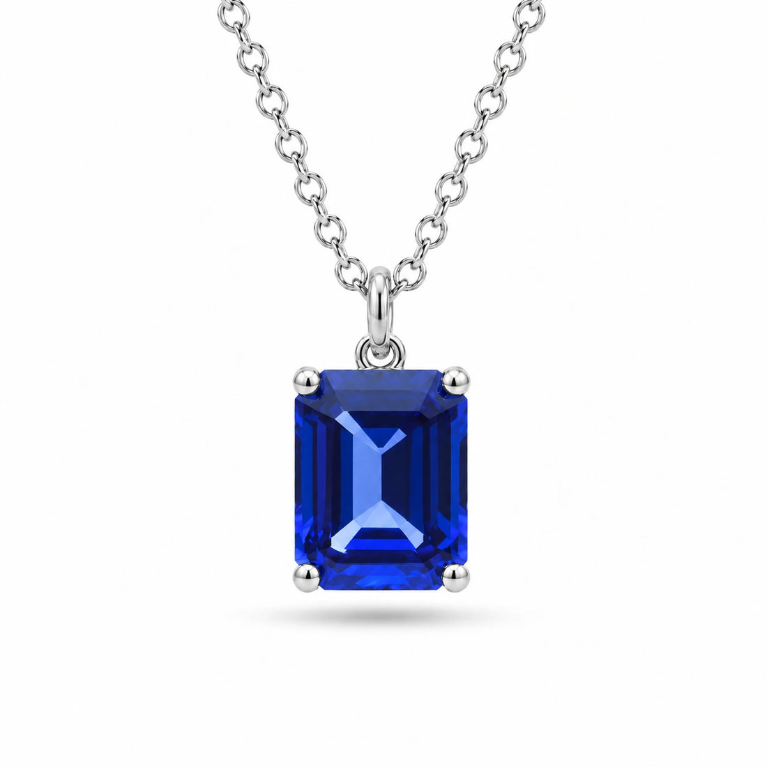 Emerald-Cut Lab Blue Sapphire Pendant in 14K White Gold