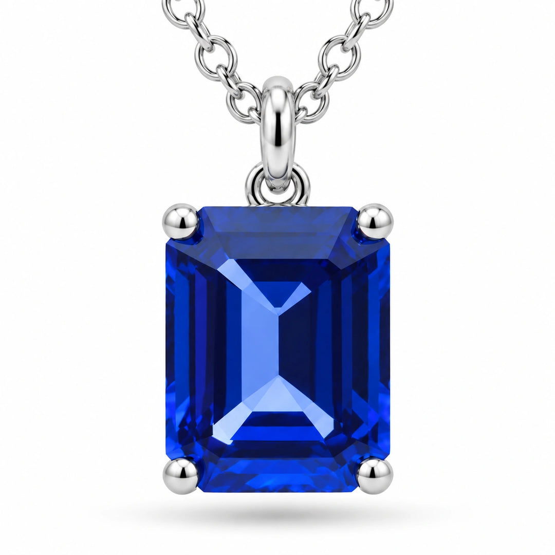 Emerald-Cut Lab Blue Sapphire Pendant close-up detail, product visualization