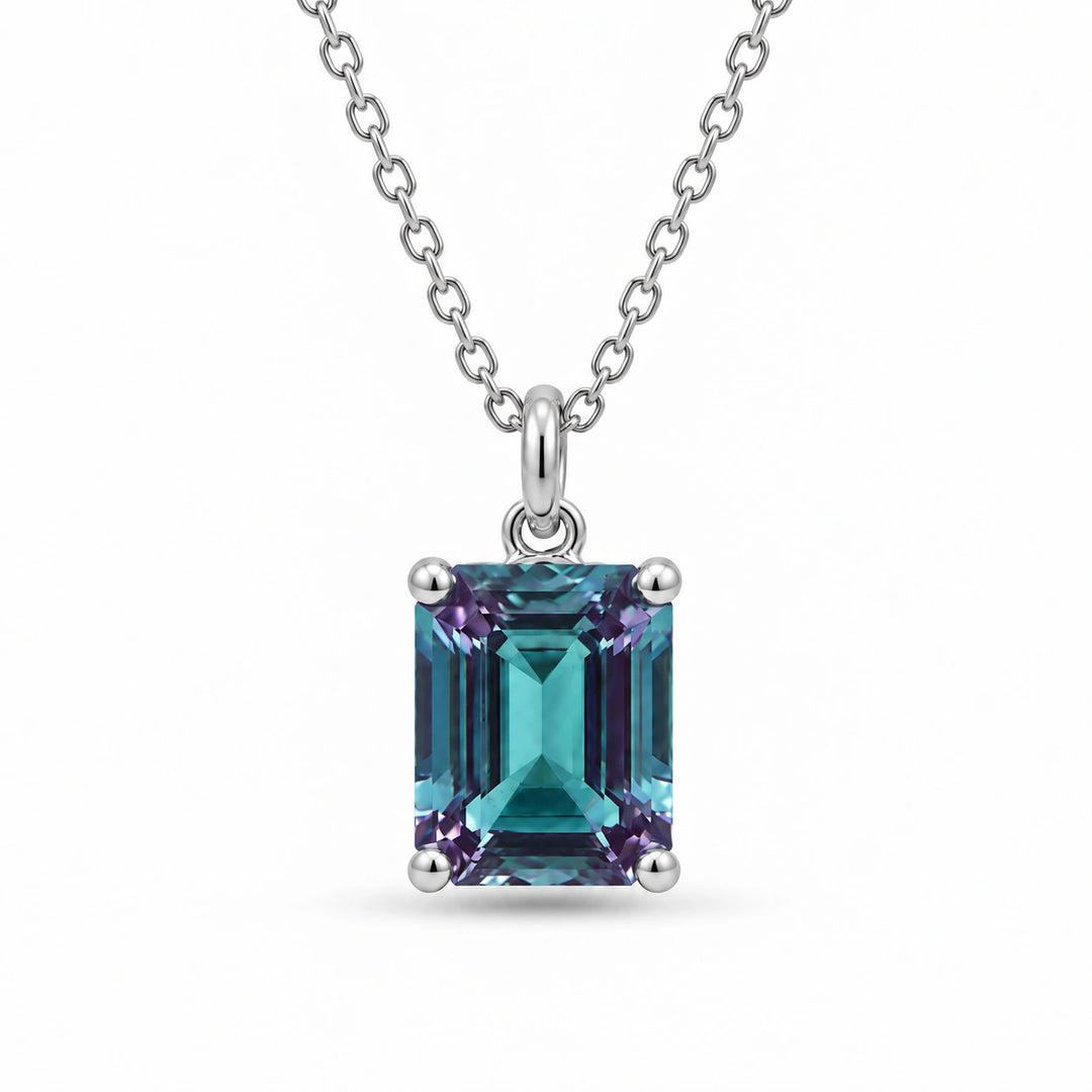 Emerald-Cut Lab Alexandrite Pendant in 14K White Gold, product visualization