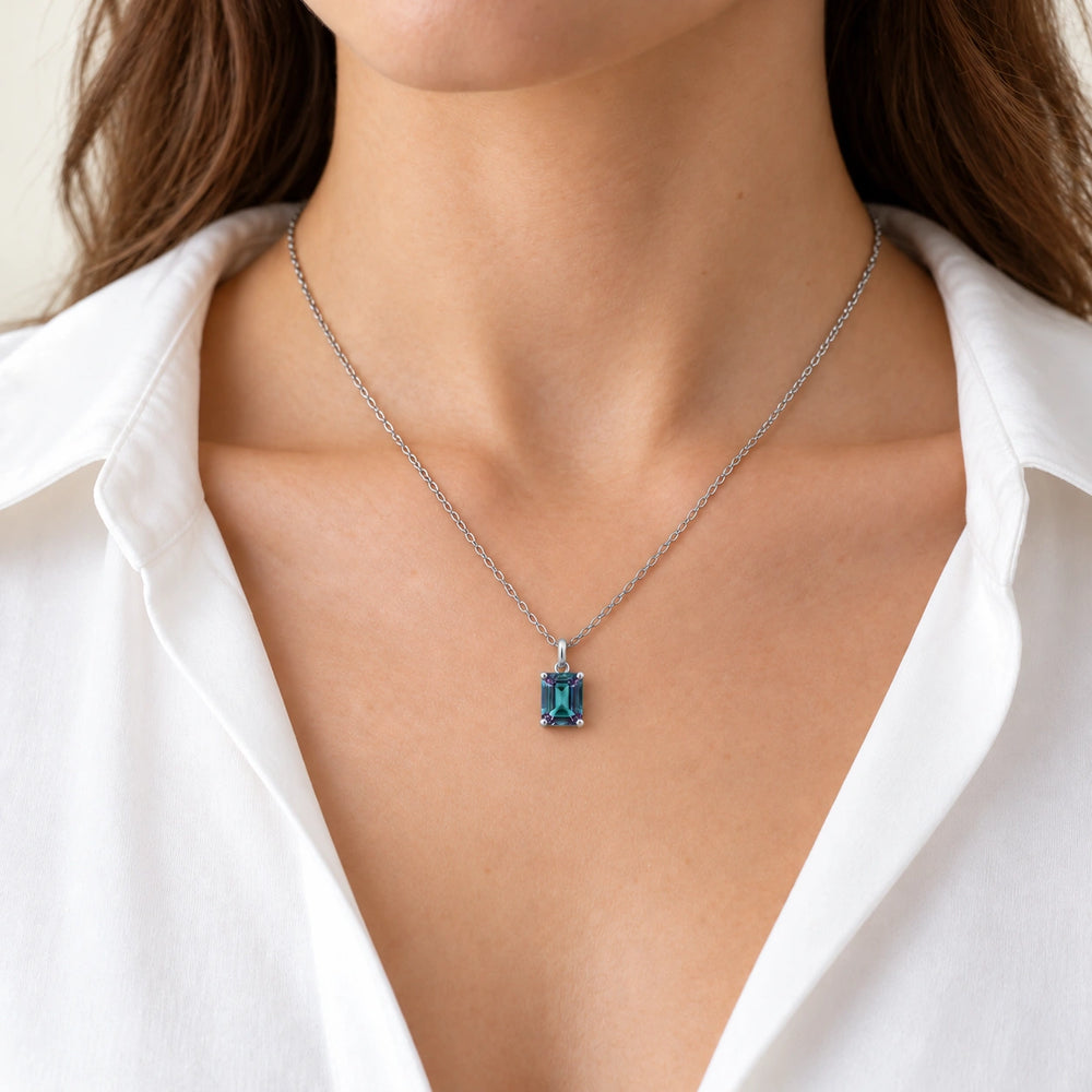 Emerald-Cut Lab Alexandrite Pendant worn on model, styling visualization