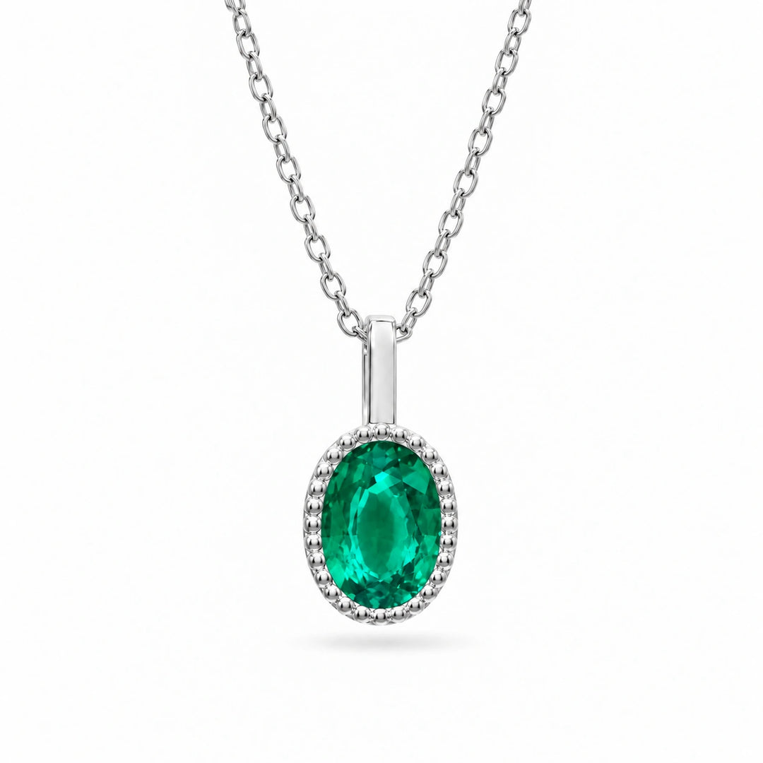 Oval Bezel Lab Emerald Pendant (Colombian Green) in 14K White Gold, product visualization