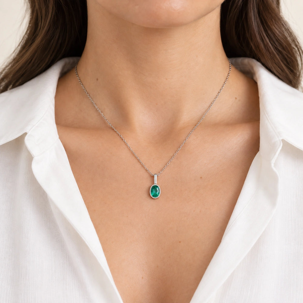 Oval Bezel Lab Emerald Pendant (Colombian Green) worn on model, styling visualization