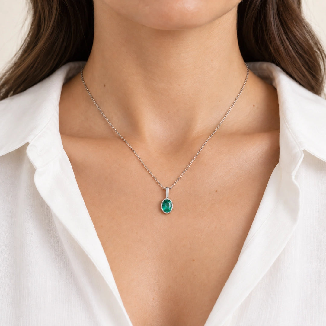 Oval Bezel Lab Emerald Pendant (Colombian Green) worn on model, styling visualization